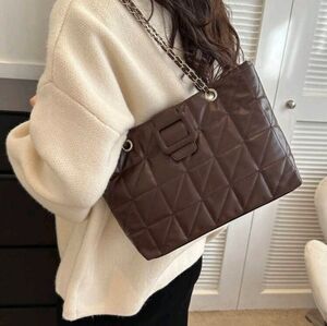 Brown Quilted Purse with Chain Link Strap, Y2K Shoulder Bag